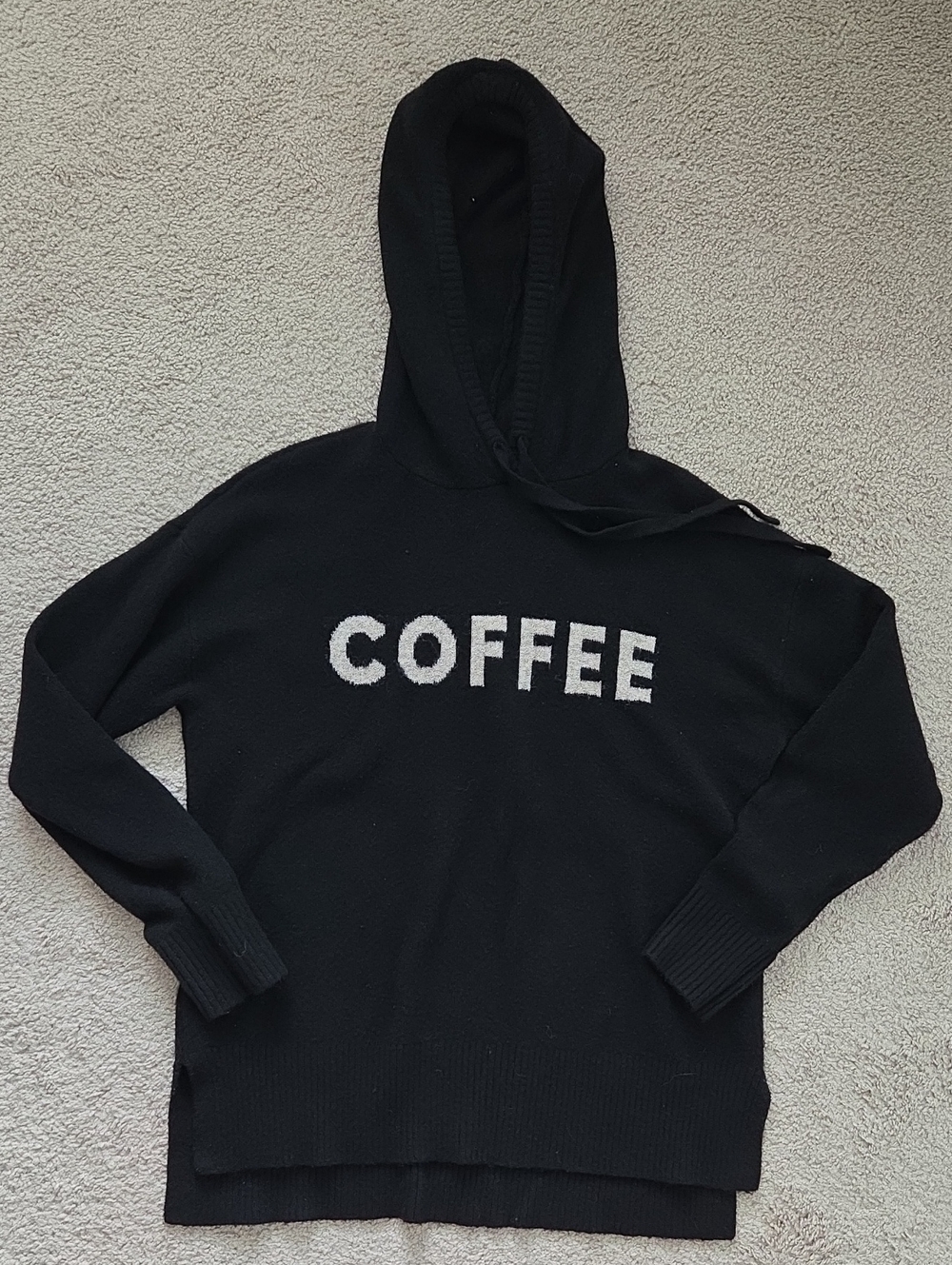 Lou & Grey Black Hooded Knit Top with White COFFEE Script